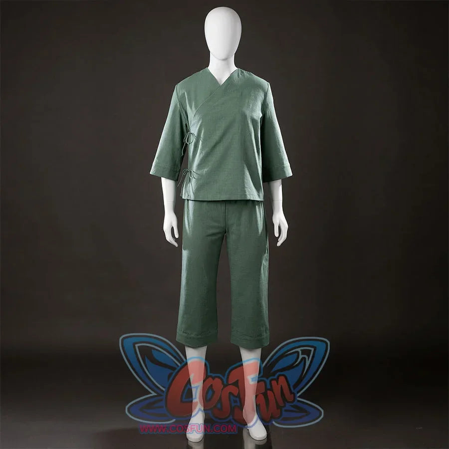 Front view of Toph Beifong cosplay costume from Avatar showing green short jacket, cropped pants, and shoe covers