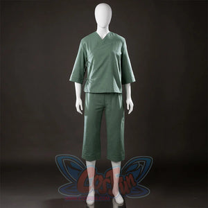 Front view of Toph Beifong cosplay costume from Avatar showing green short jacket, cropped pants, and shoe covers