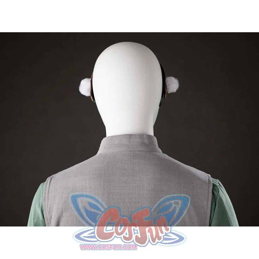 Back headband view of Toph Beifong cosplay costume from Avatar with white pom details, gray collar, and shoulders