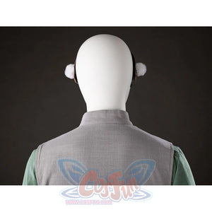 Back headband view of Toph Beifong cosplay costume from Avatar with white pom details, gray collar, and shoulders