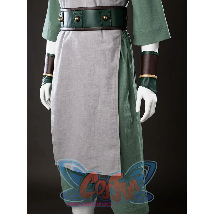 Lower front view of Toph Beifong cosplay costume from Avatar with gray tunic, green side panel, belt, and arm guards