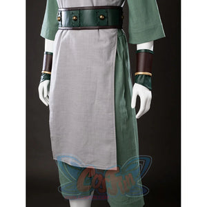 Lower front view of Toph Beifong cosplay costume from Avatar with gray tunic, green side panel, belt, and arm guards