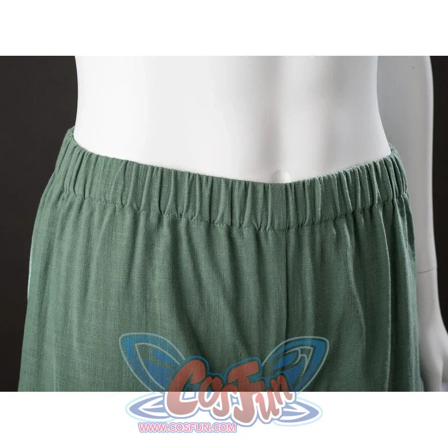 Pants waist close-up of Toph Beifong cosplay costume from Avatar with green elastic waistband and soft fabric folds