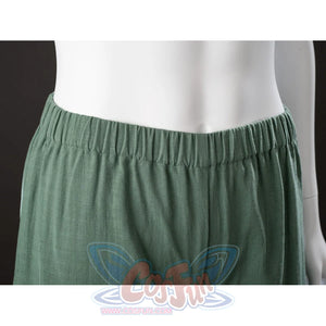 Pants waist close-up of Toph Beifong cosplay costume from Avatar with green elastic waistband and soft fabric folds