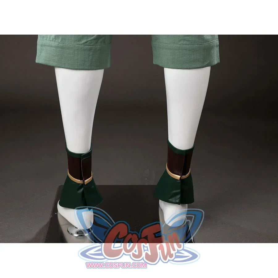Back shoe cover view of Toph Beifong cosplay costume from Avatar with green wraps, brown cuffs, and cropped pants
