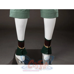 Back shoe cover view of Toph Beifong cosplay costume from Avatar with green wraps, brown cuffs, and cropped pants