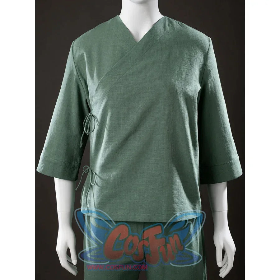 Front view of Toph Beifong cosplay costume from Avatar green short jacket with wrap neckline and side ties