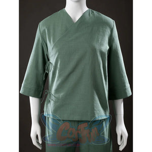Front view of Toph Beifong cosplay costume from Avatar green short jacket with wrap neckline and side ties