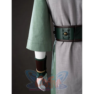Side waist close-up of Toph Beifong cosplay costume from Avatar with green sleeve, arm guard, belt, and gray tunic