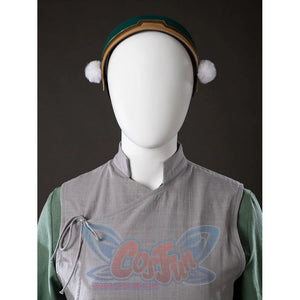 Upper front view of Toph Beifong cosplay costume from Avatar with headband, gray tunic, green sleeves, and side tie