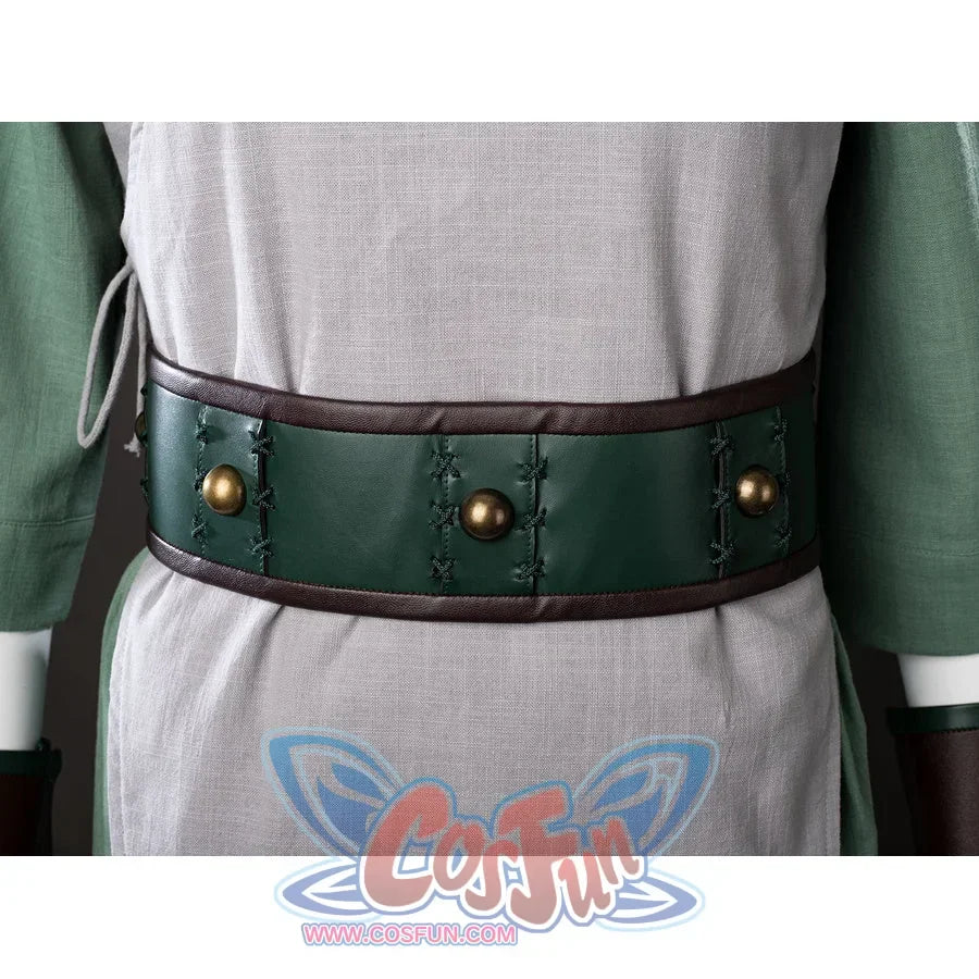 Waist close-up of Toph Beifong cosplay costume from Avatar with green belt, bronze studs, gray tunic, and side trim