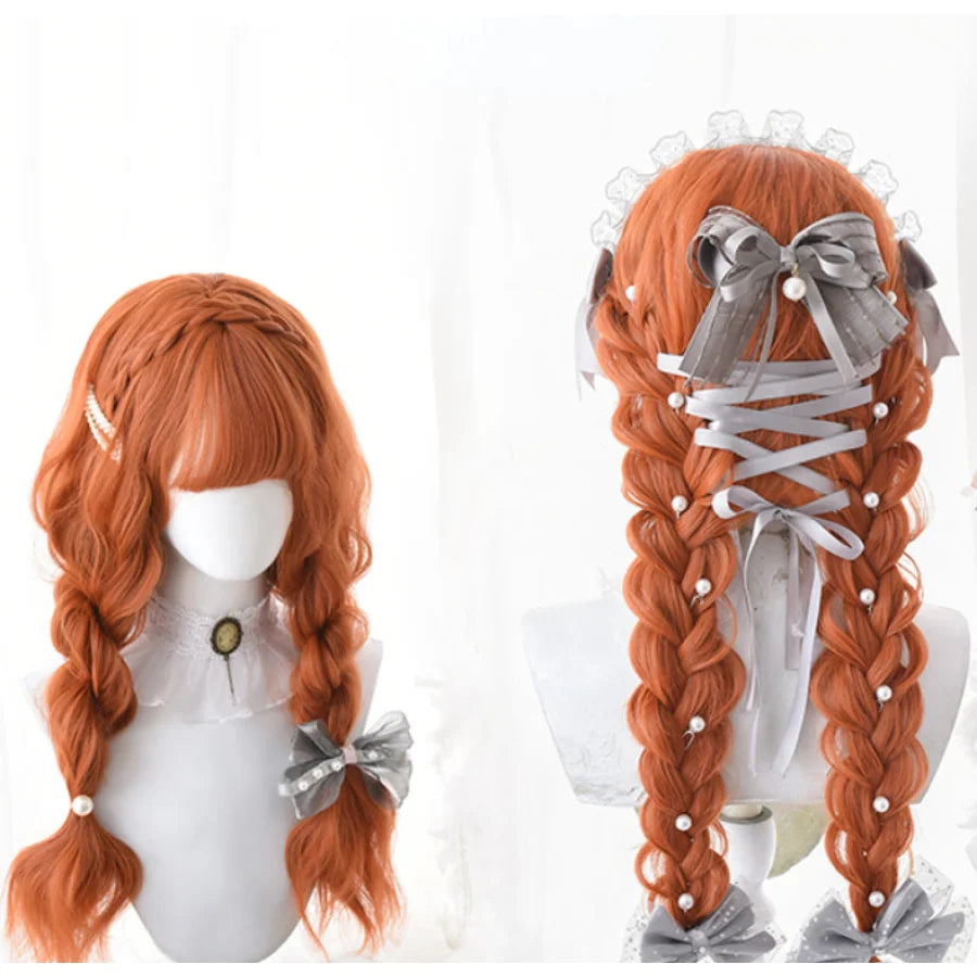 Soft Girl Harajuku Style Long Brunches Curly Wig Pumpkin Color