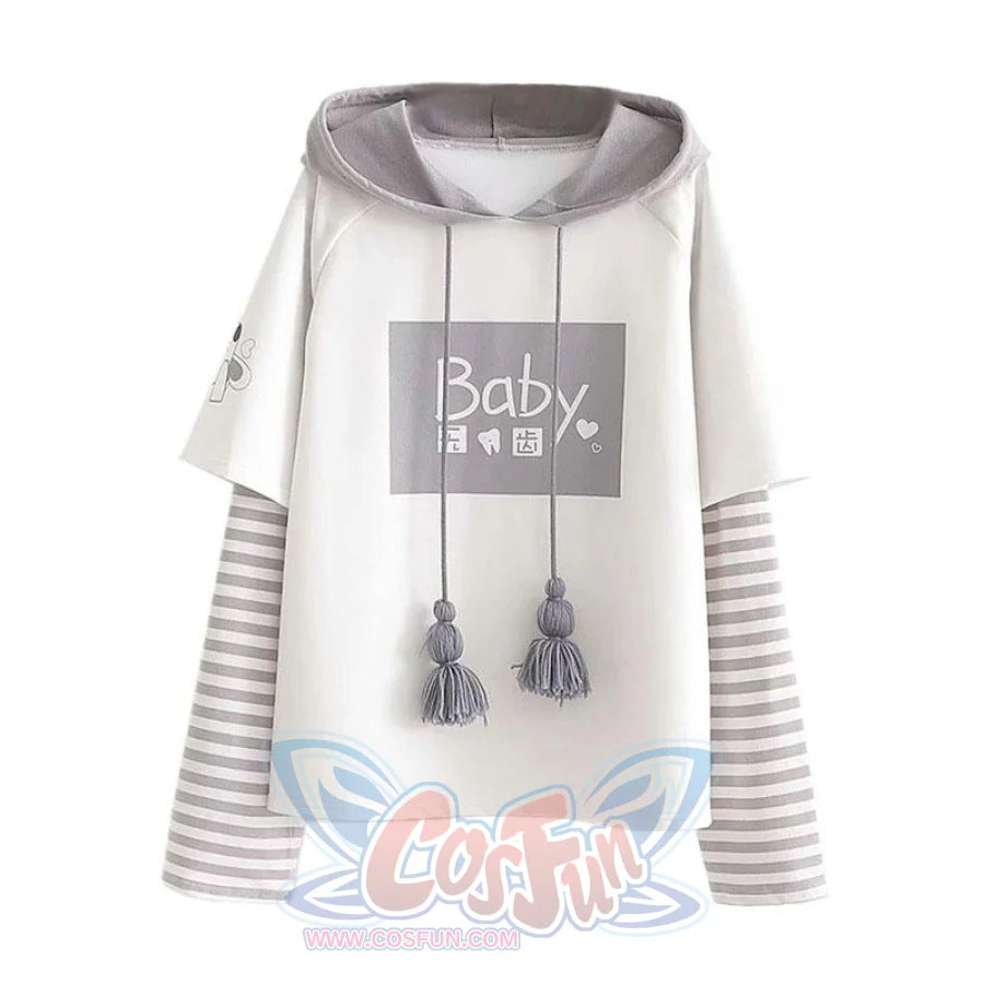 Baby Letter Cartoon Print Stripe Tassels Drawstring False Two-Piece Hoodie J30035 Sweatshirt
