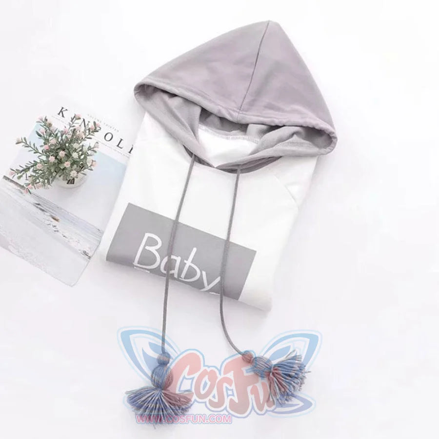 Baby Letter Cartoon Print Stripe Tassels Drawstring False Two-Piece Hoodie J30035 Sweatshirt