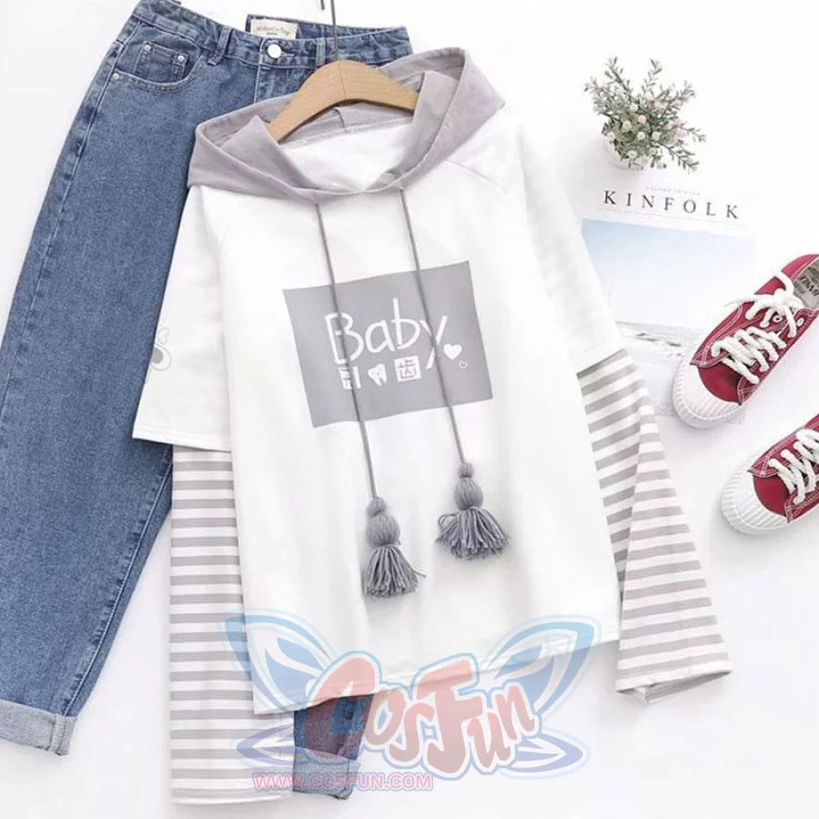 Baby Letter Cartoon Print Stripe Tassels Drawstring False Two-Piece Hoodie J30035 Sweatshirt