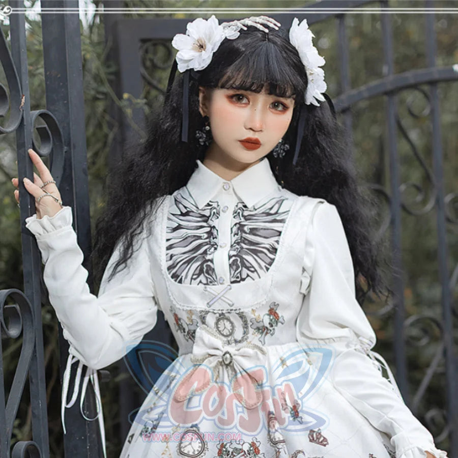 Vintage Gothic Lolita Jumper Skirt and Long-sleeved Shirt Shirt / White / S