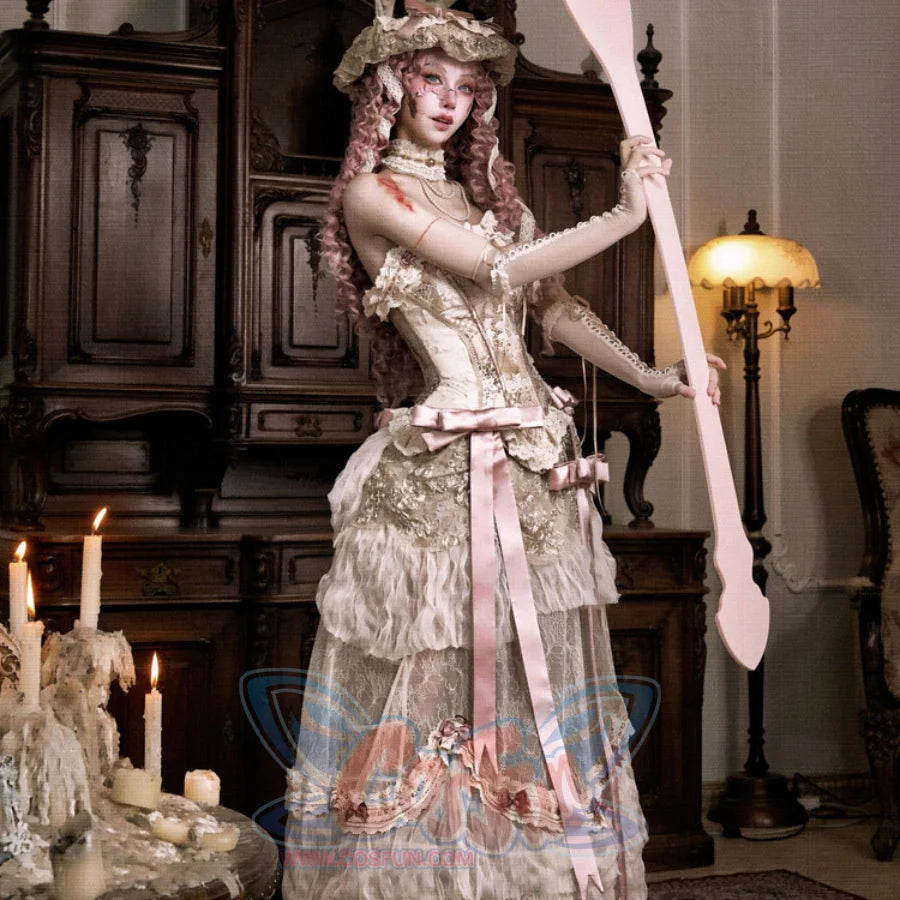 Person in an elaborate vintage-style costume with decorative elements in a dimly lit room.