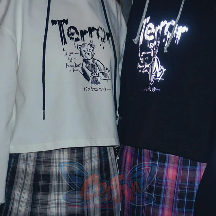 Bear Print Zipper Hollow Out Sleeves Crop Top Hoodie J30030 Sweatshirt