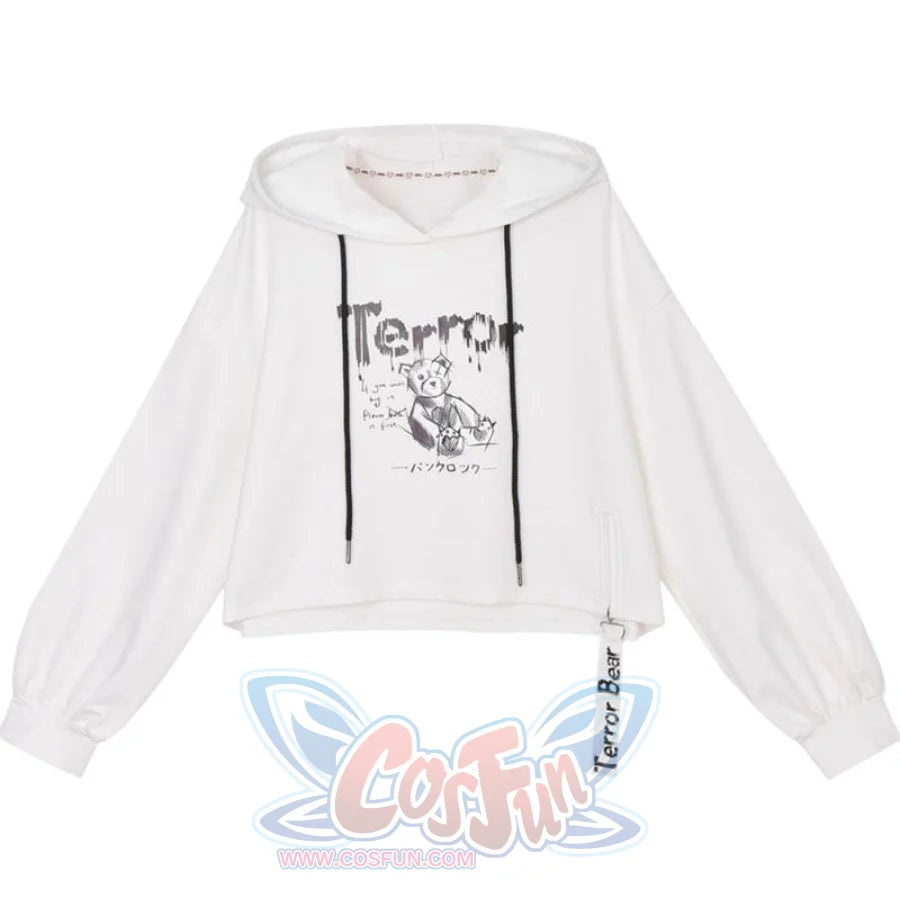 Bear Print Zipper Hollow Out Sleeves Crop Top Hoodie J30030 White / S Sweatshirt