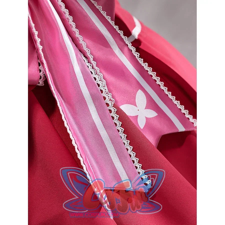 Beatrice cosplay bow-tail detail with pink stripes and white piping around a butterfly motif.