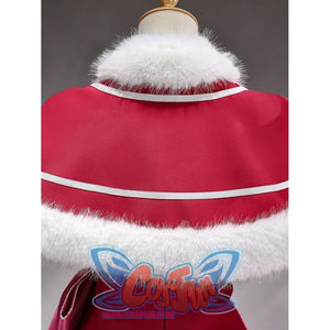Beatrice cosplay capelet back view with fluffy white trim and curved white piping.