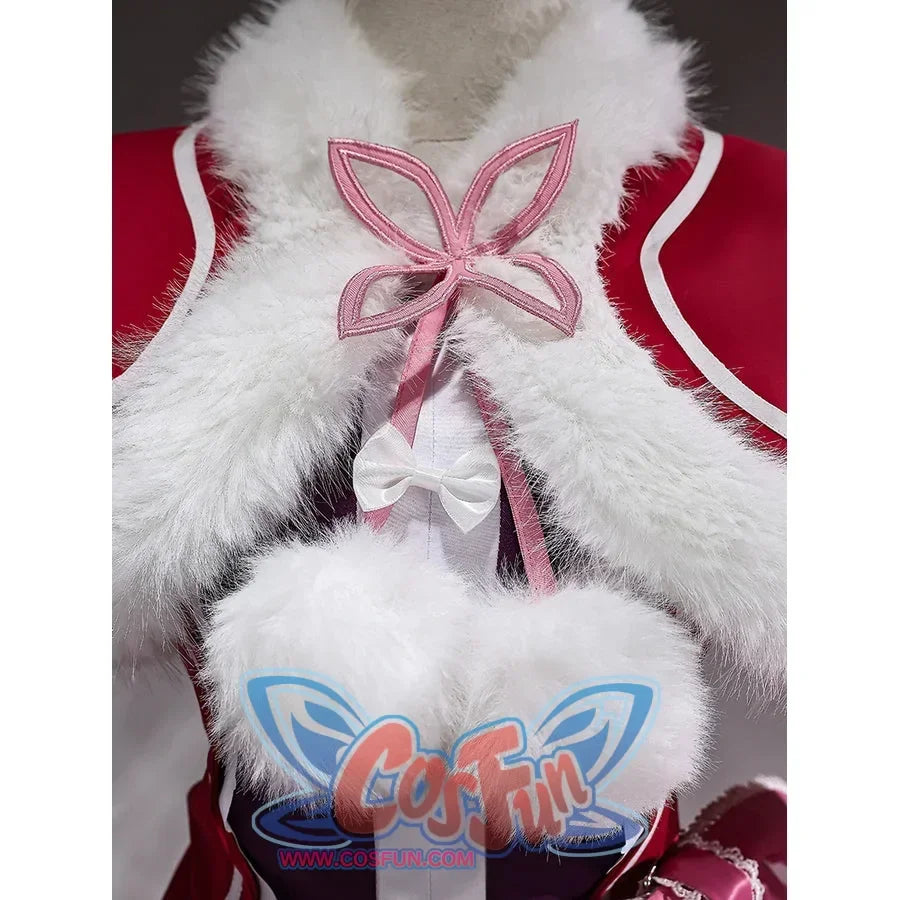 Beatrice cosplay capelet close-up with pink butterfly-shaped fasteners and a white center bow.