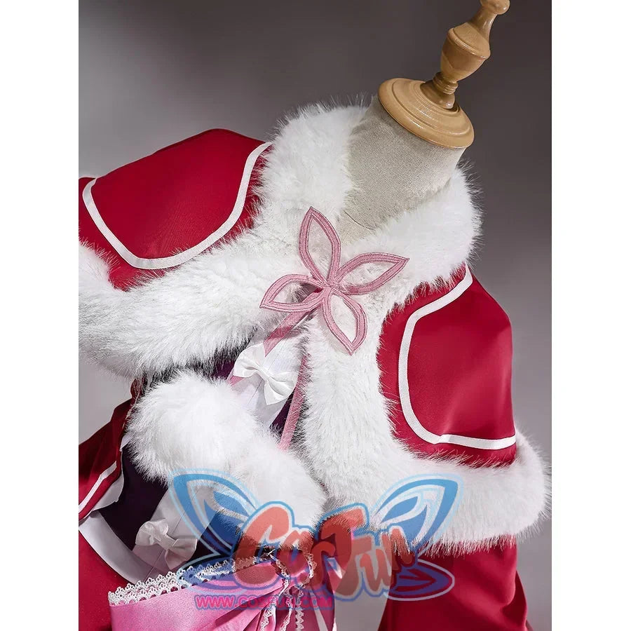 Beatrice cosplay capelet front detail with fluffy white trim and pink butterfly-shaped fasteners.