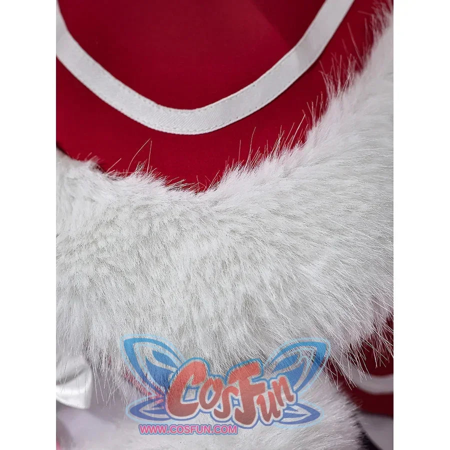 Beatrice cosplay capelet close-up with a fluffy white edge against deep red fabric.