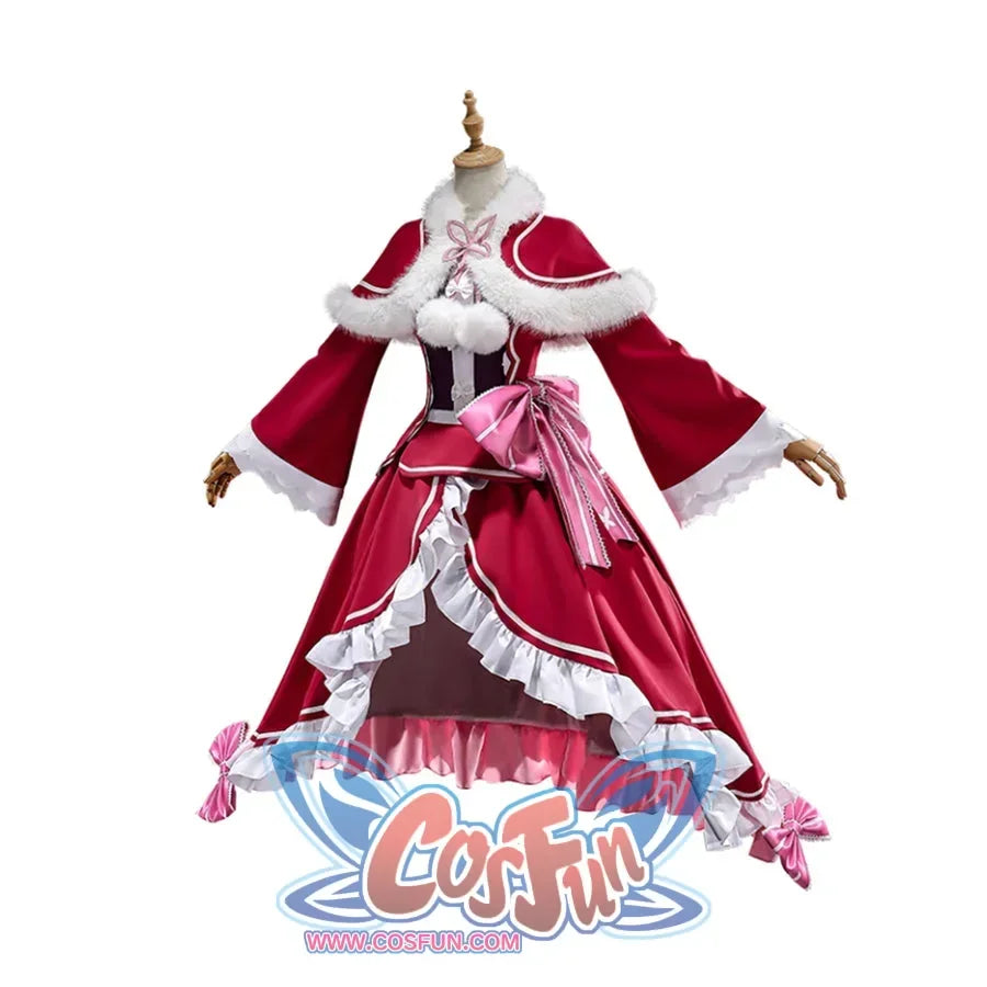 Re:Zero Beatrice cosplay costume front view with a tiered pink skirt and white-trimmed red capelet.