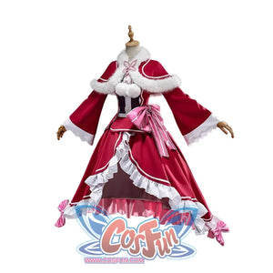 Beatrice cosplay costume angled view with flared sleeves above layered skirt panels and a striped waist bow.