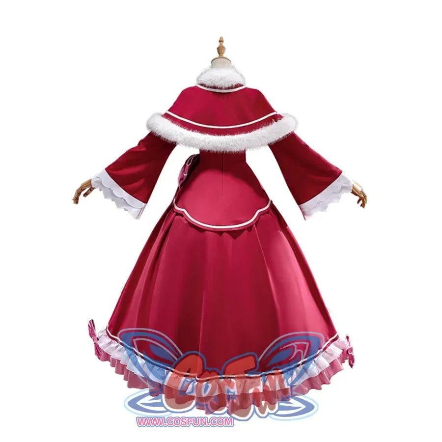 Beatrice cosplay costume back view with a red capelet above a tiered skirt and striped waist bow.