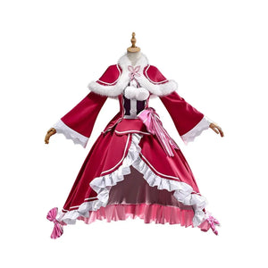 Re:Zero Beatrice cosplay costume front view with a tiered pink skirt and white-trimmed red capelet.