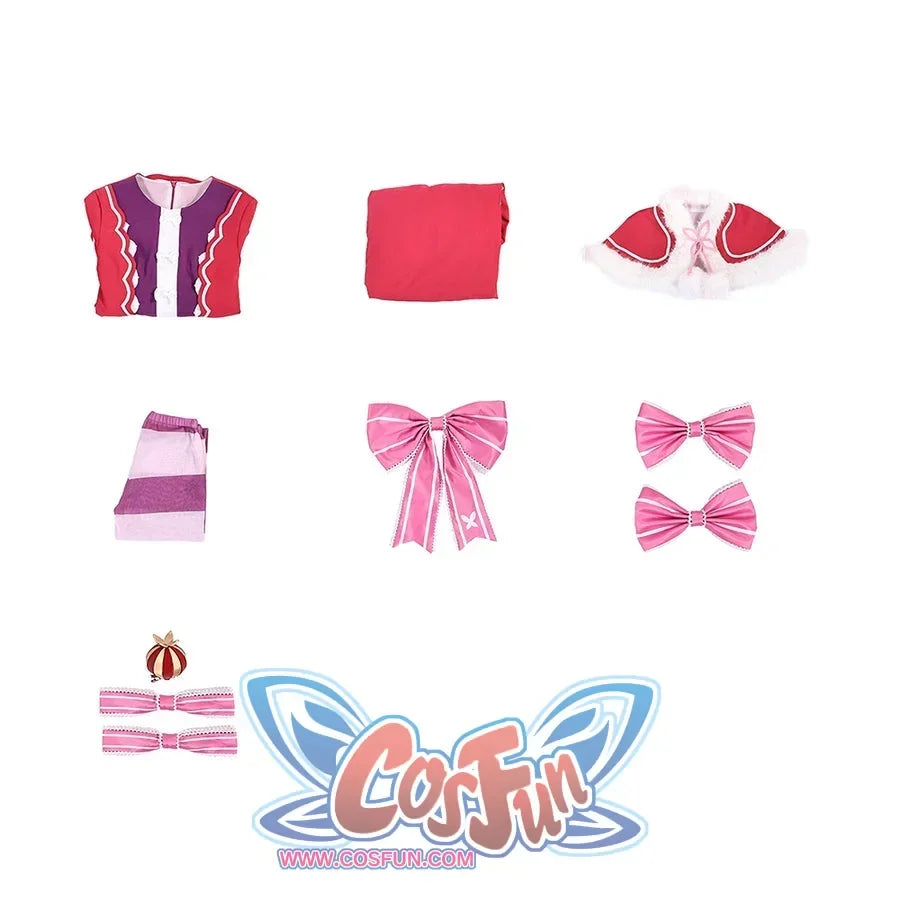 Beatrice cosplay costume set flat lay with the red-and-pink outfit arranged for viewing.