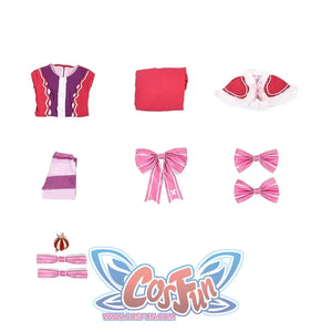 Beatrice cosplay costume set flat lay with the red-and-pink outfit arranged for viewing.