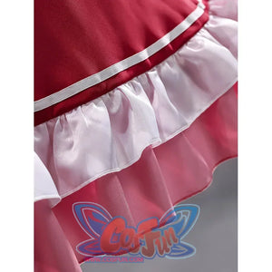 Beatrice cosplay skirt hem detail with white ruffles layered above a translucent pink edge.