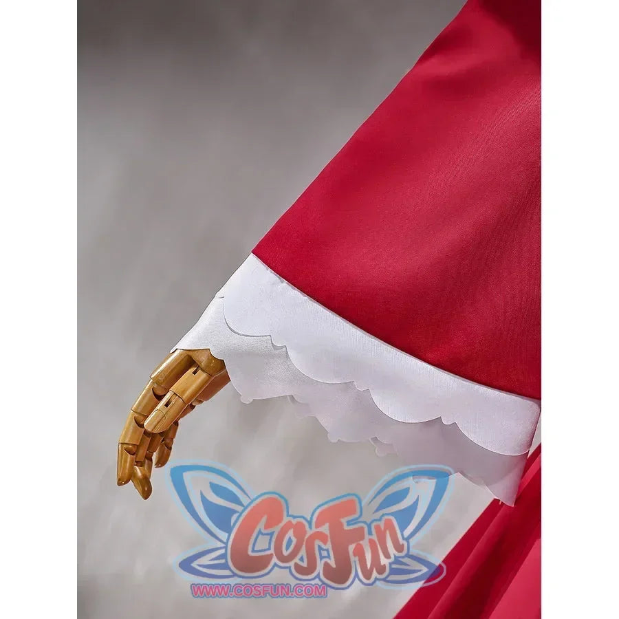 Beatrice cosplay sleeve cuff detail with deep red fabric and layered white scalloped trim.