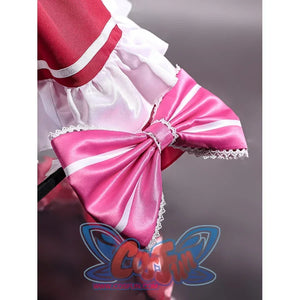 Beatrice cosplay striped waist bow close-up with glossy pink fabric and lace-trimmed tails.