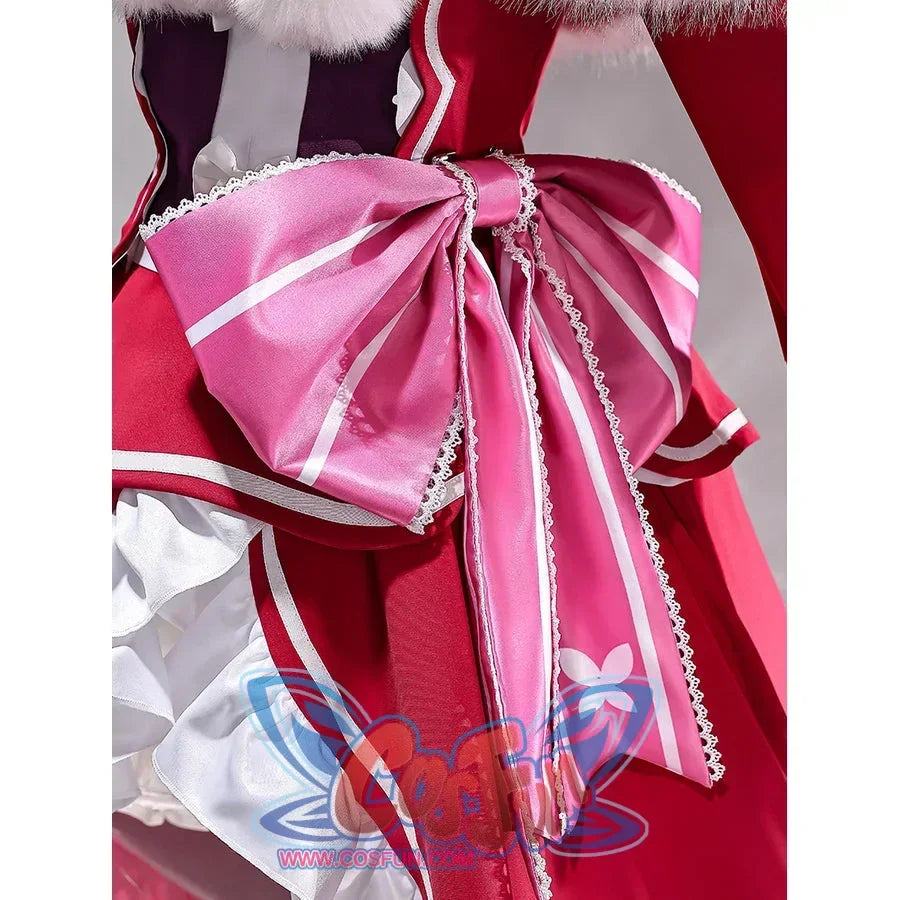 Beatrice cosplay waist bow detail with glossy pink loops above striped tails edged in narrow lace.