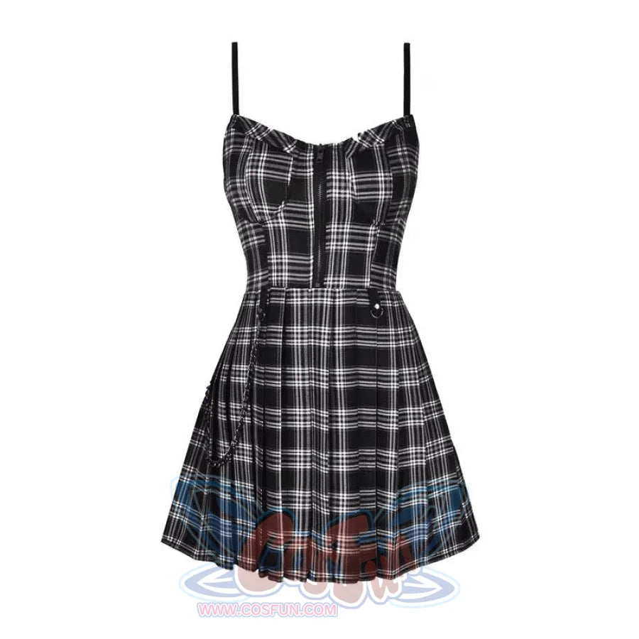 【CLEARANCE】Gothic Grunge Spaghetti Strap Plaid Mini Dress CLT5895, Black_XXL