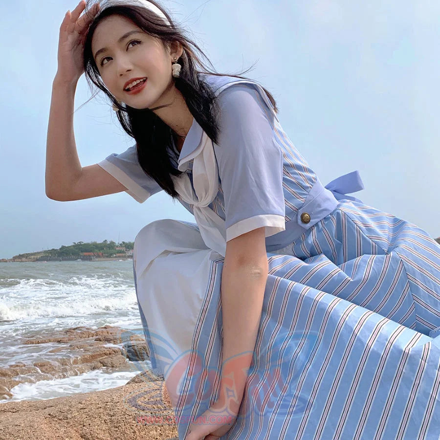 Summer Color Blocking Stripe Short-sleeved Dress - cosfun