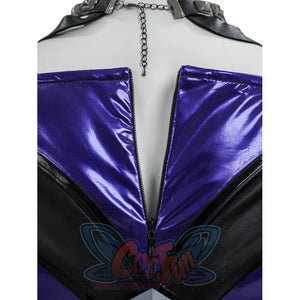 Black Cat Felicia Hardy cosplay bodysuit back detail centers a zipper between metallic purple panels