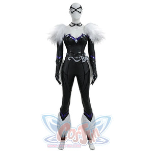 Black Cat Felicia Hardy cosplay bodysuit front view shows black panels edged by purple accents and white leg fur
