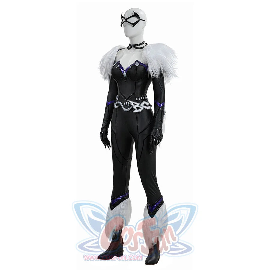 Black Cat Felicia Hardy cosplay costume angled front view highlights purple trim over the black bodysuit