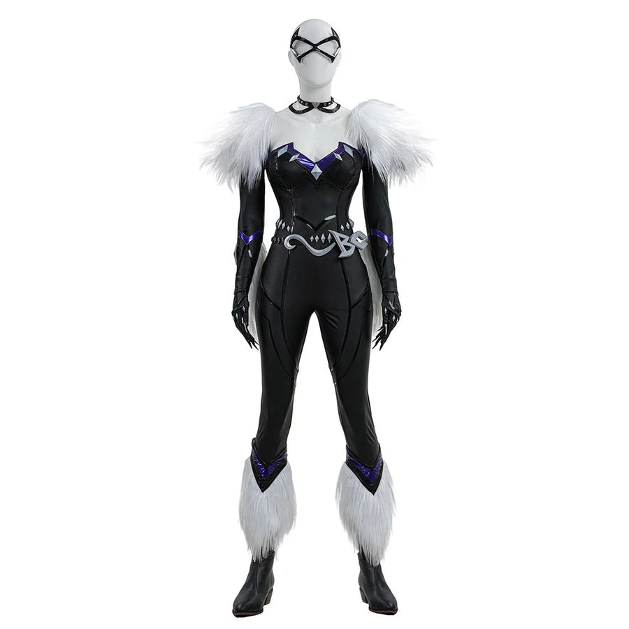 COSFUN Black Cat Felicia Hardy cosplay costume front view pairs a black bodysuit with white faux fur trim