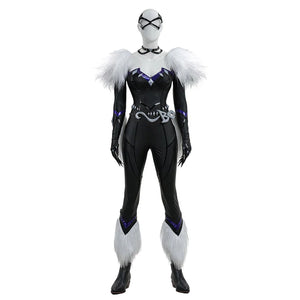 COSFUN Black Cat Felicia Hardy cosplay costume front view pairs a black bodysuit with white faux fur trim