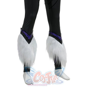 Black Cat Felicia Hardy cosplay leg covers detail shows white faux fur below metallic purple chevron trim