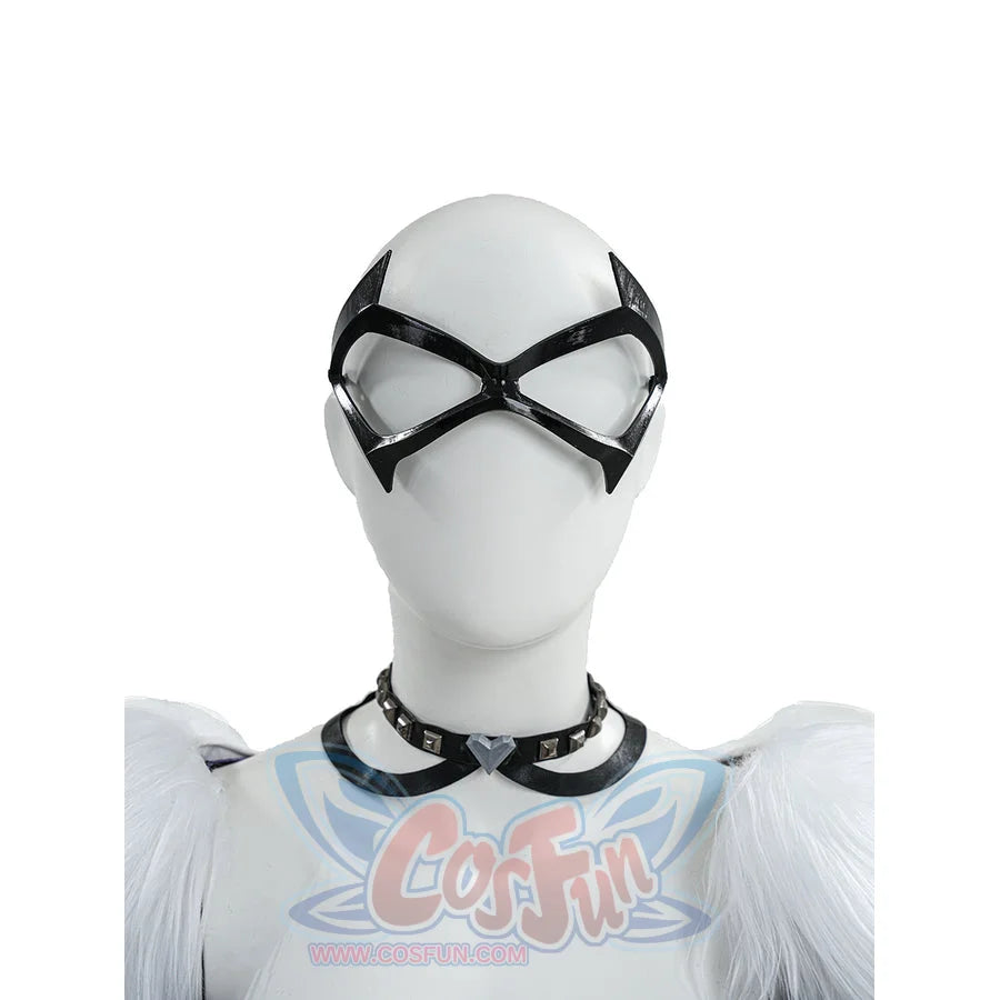 Black Cat Felicia Hardy cosplay mask and neck accessory close-up shows black eye frames and silver-tone studs