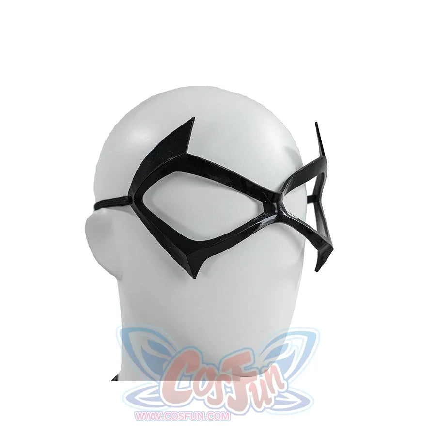 Black Cat Felicia Hardy cosplay mask side detail shows black angular frames held by a slim elastic band