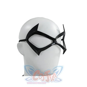 Black Cat Felicia Hardy cosplay mask side detail shows black angular frames held by a slim elastic band