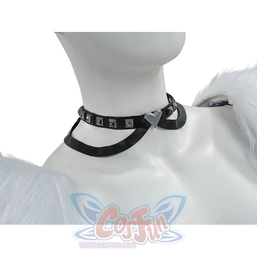 Black Cat Felicia Hardy cosplay neck accessory close-up highlights black straps dotted by studs around a silver-tone pendant